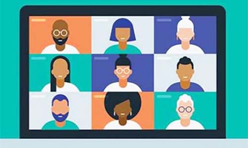 An image of a cartoon laptop screen with video call participants